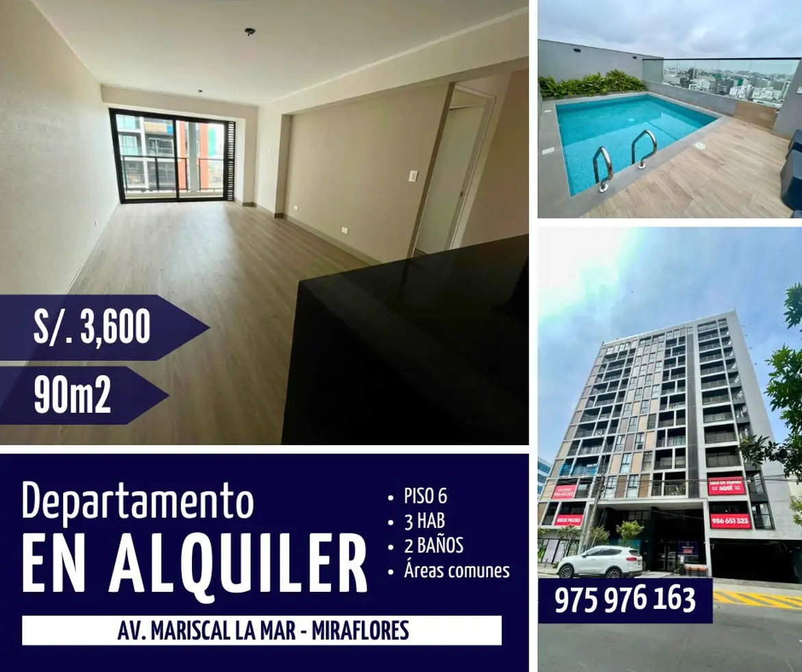 Departamento de 3 habitaciones, Lima · Alquiler Departamento  en Miraflores