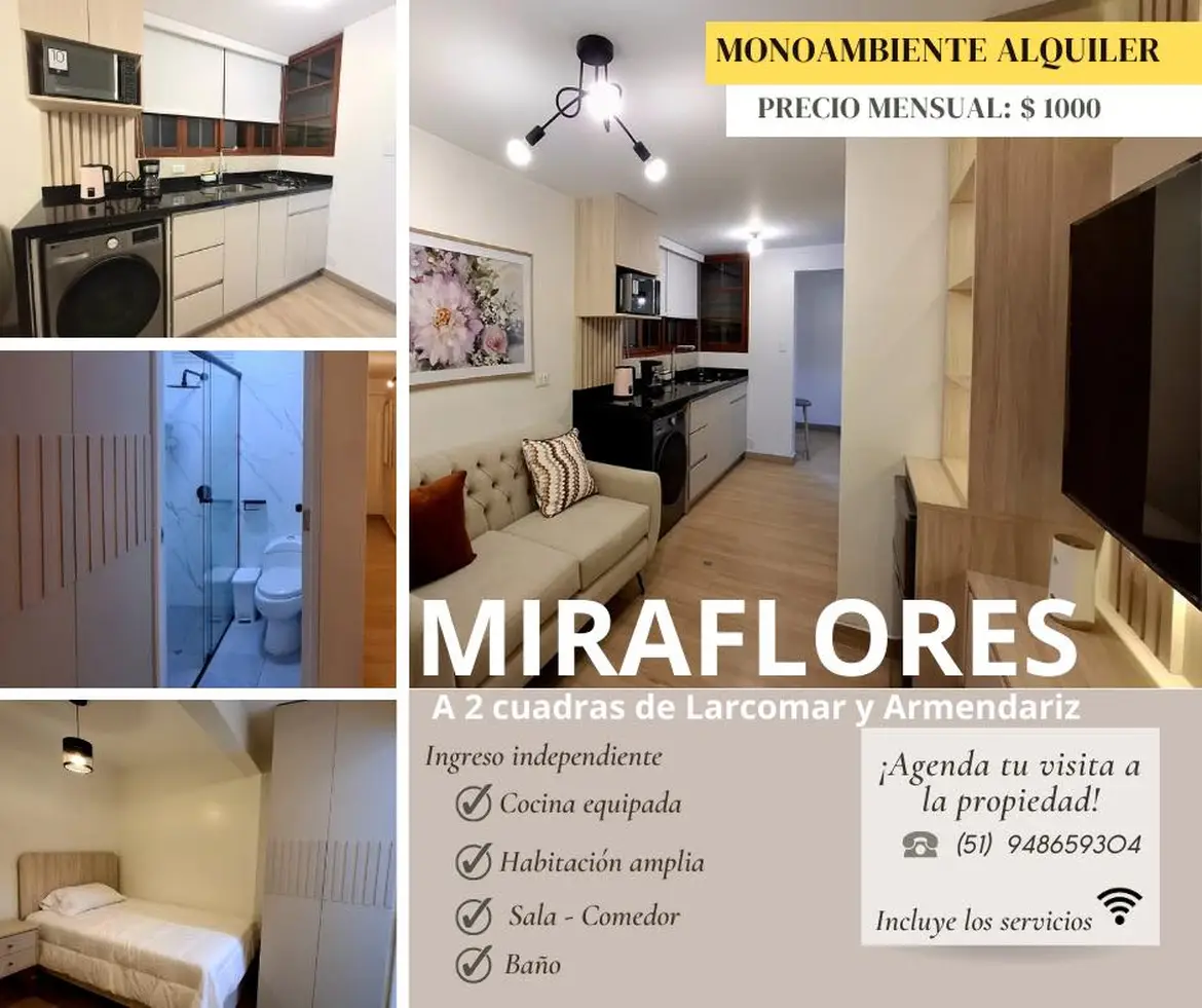 Departamento de 1 habitaciones, Lima · Alquiler Departamento  en Miraflores